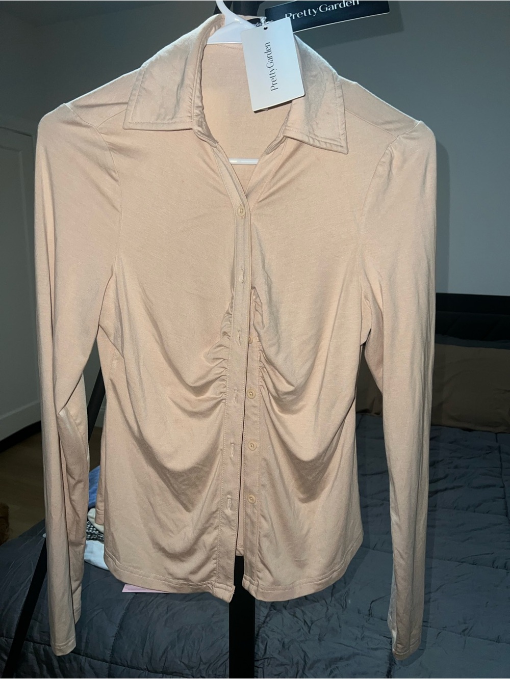 Amazon Women's Beige Ruched Button-Down Collared Top